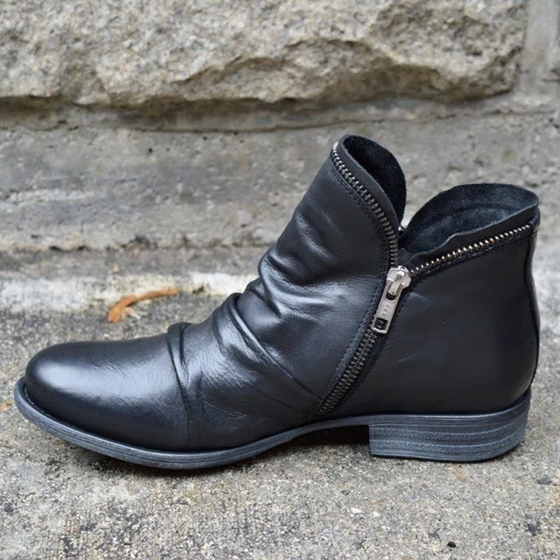 Chicvane Womens Round Toe Flat Heel Zipper Closure Ankle Boots