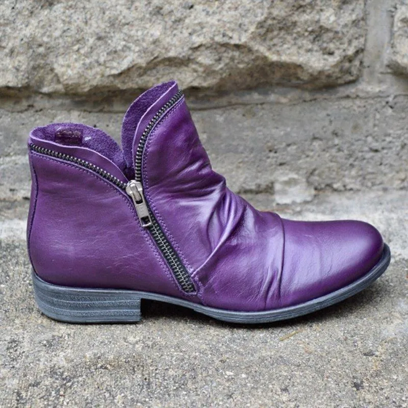 Chicvane Womens Round Toe Flat Heel Zipper Closure Ankle Boots