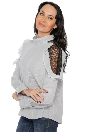 Cold Shoulder Lace Striped Shirt - Grey