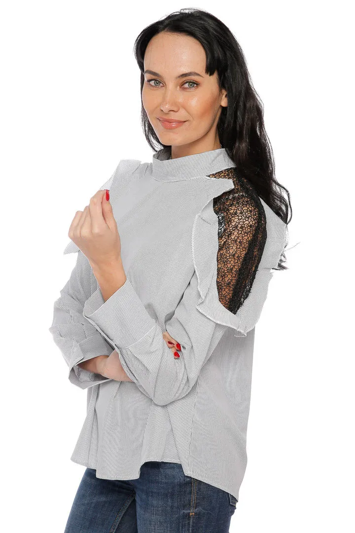 Cold Shoulder Lace Striped Shirt - Grey