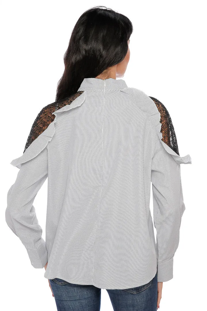 Cold Shoulder Lace Striped Shirt - Grey