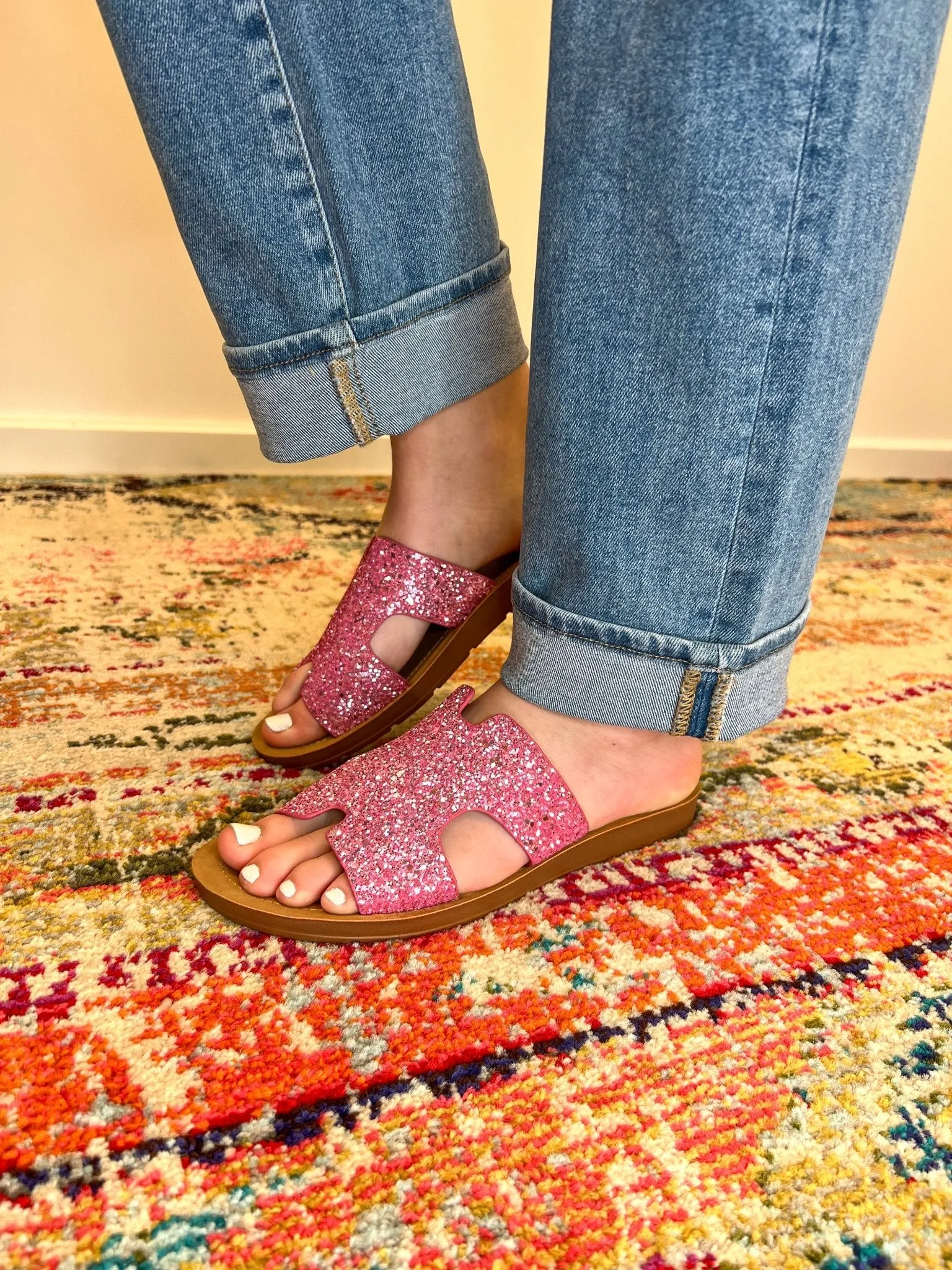 Corky's Footwear Bogalusa Slide Sandal - Pink Chunky Glitter