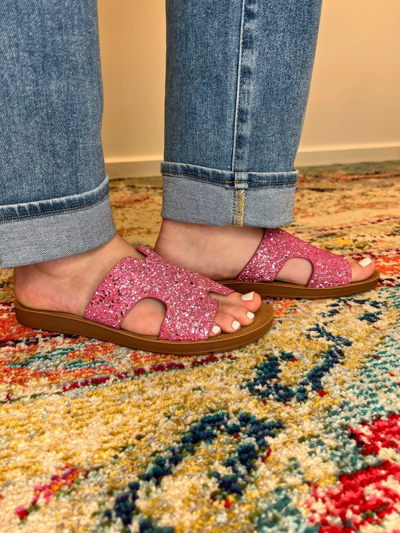 Corky's Footwear Bogalusa Slide Sandal - Pink Chunky Glitter