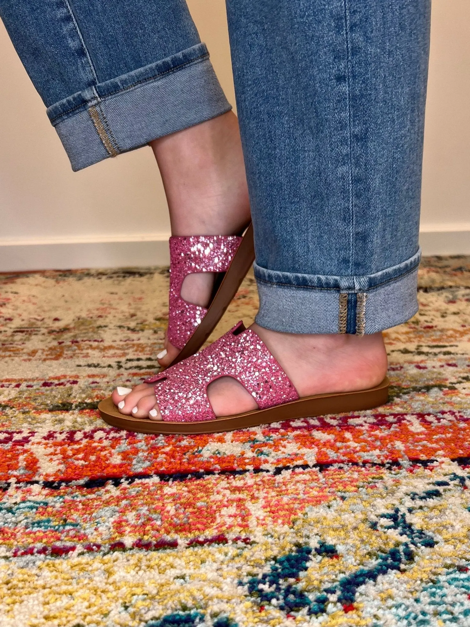 Corky's Footwear Bogalusa Slide Sandal - Pink Chunky Glitter