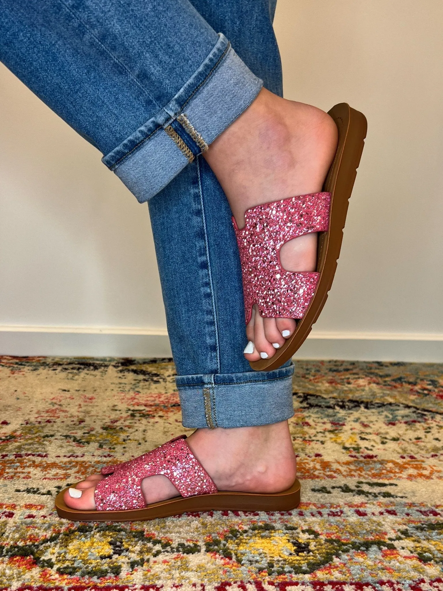 Corky's Footwear Bogalusa Slide Sandal - Pink Chunky Glitter