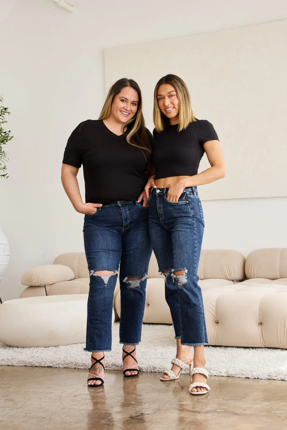 Crop Tummy Control Distressed High Waist Raw Hem Jeans