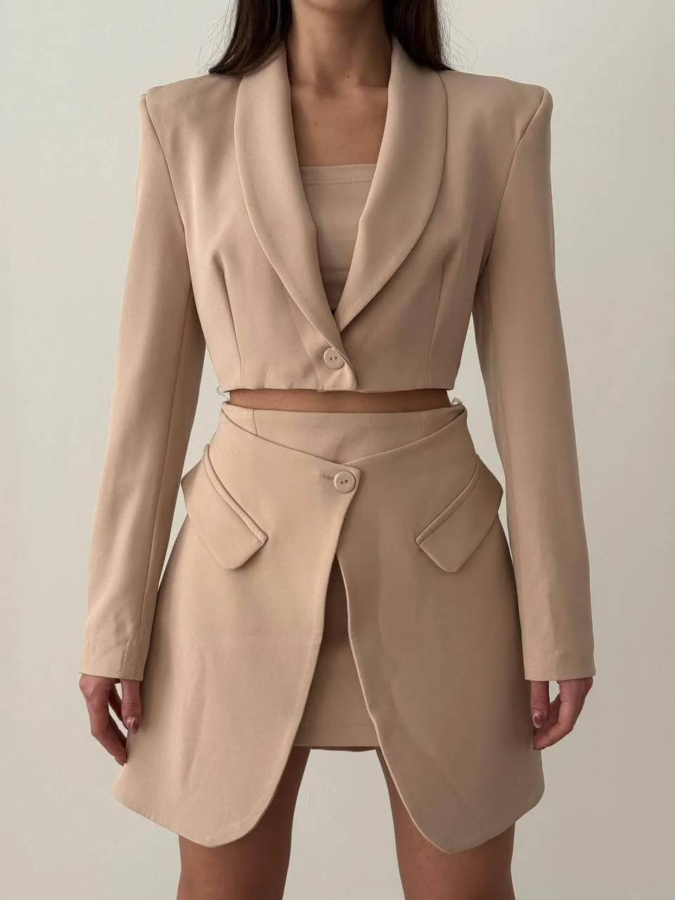 Cropped Blazer and Skirt Set in Burgundy, Black, and Beige