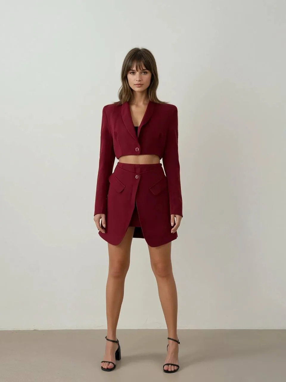 Cropped Blazer and Skirt Set in Burgundy, Black, and Beige