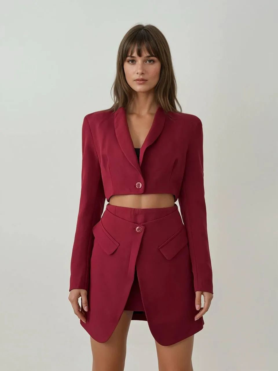 Cropped Blazer and Skirt Set in Burgundy, Black, and Beige