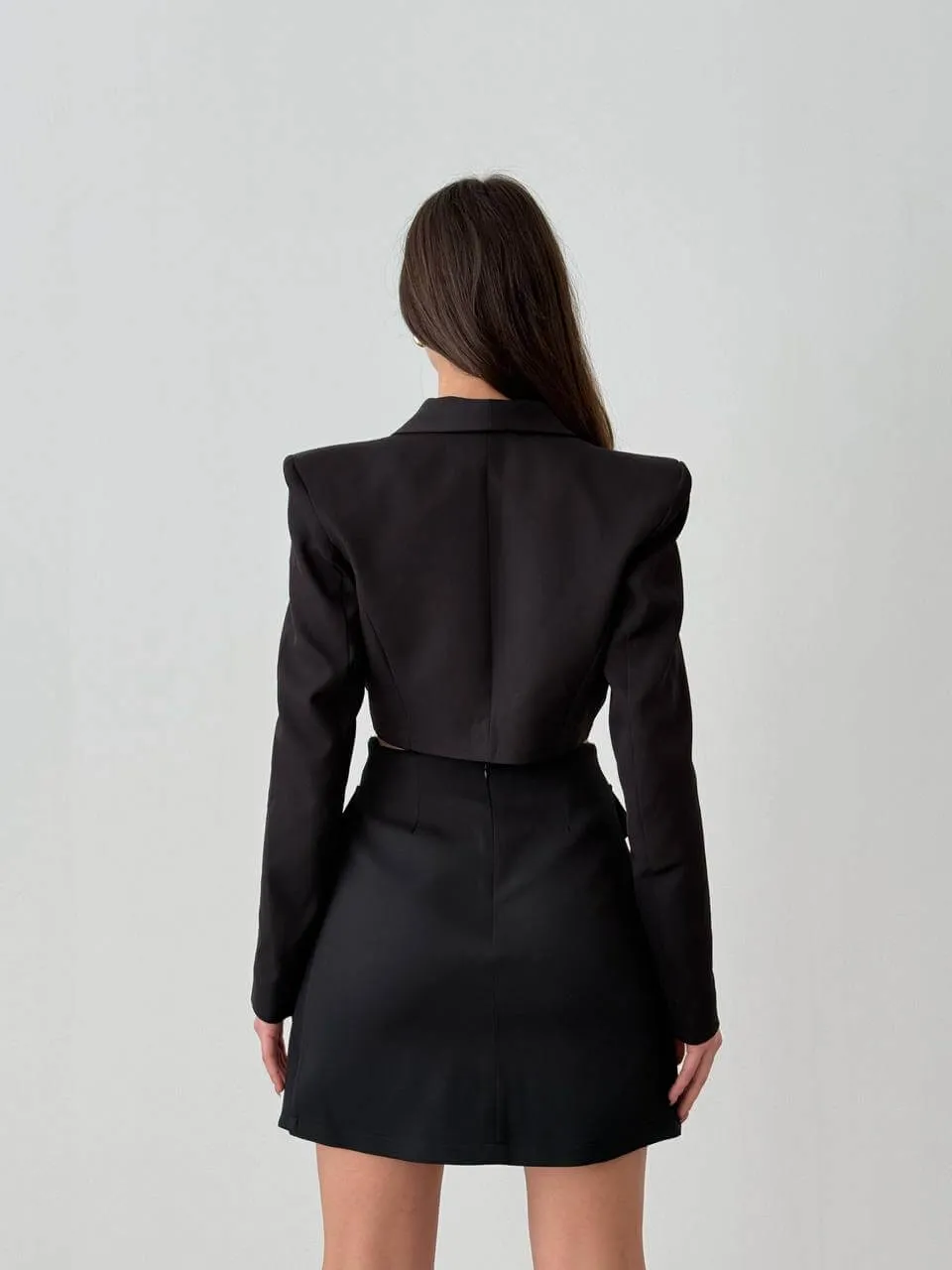 Cropped Blazer and Skirt Set in Burgundy, Black, and Beige