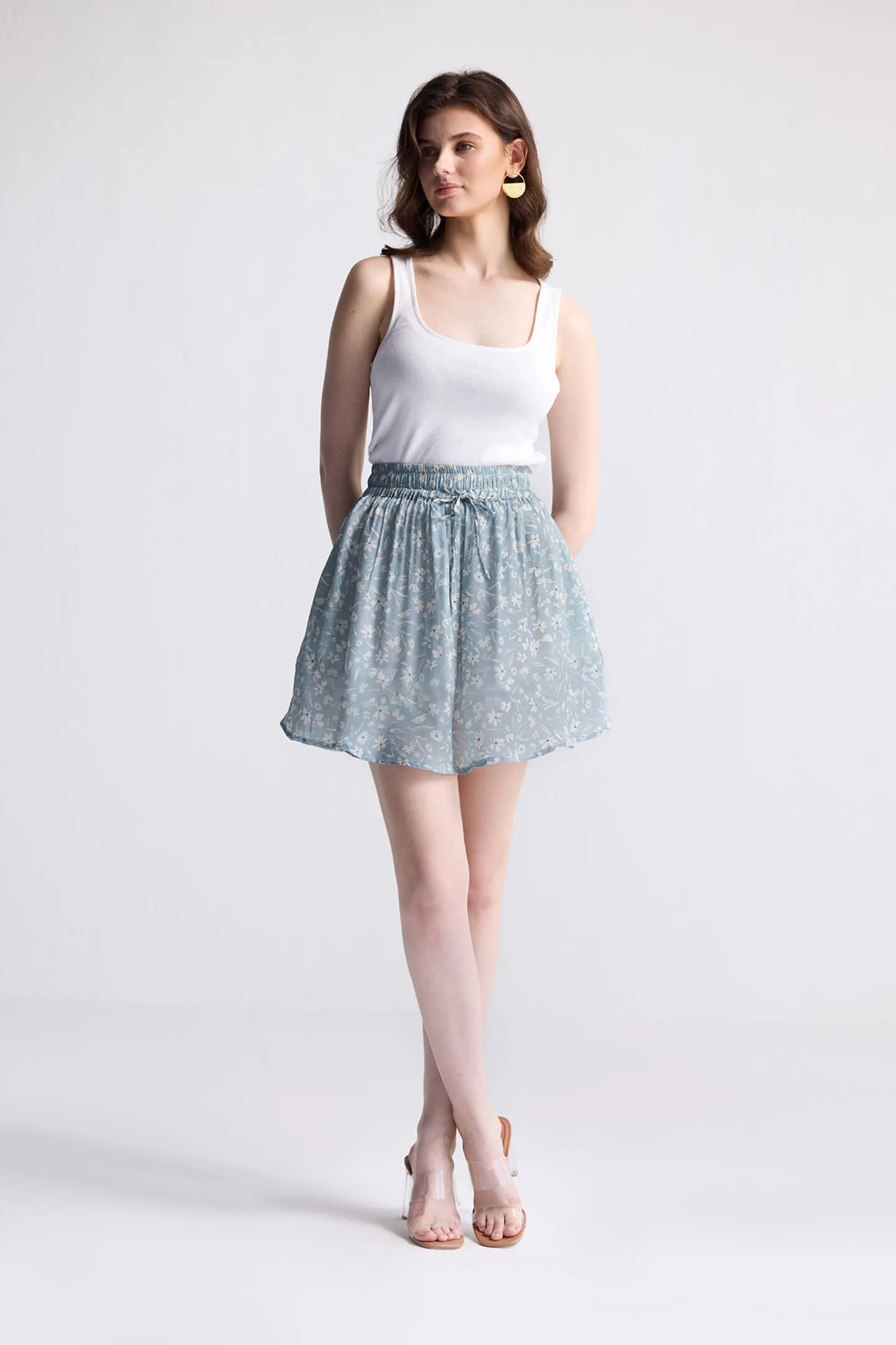Drawstring Short Skirt in Light Blue Florals