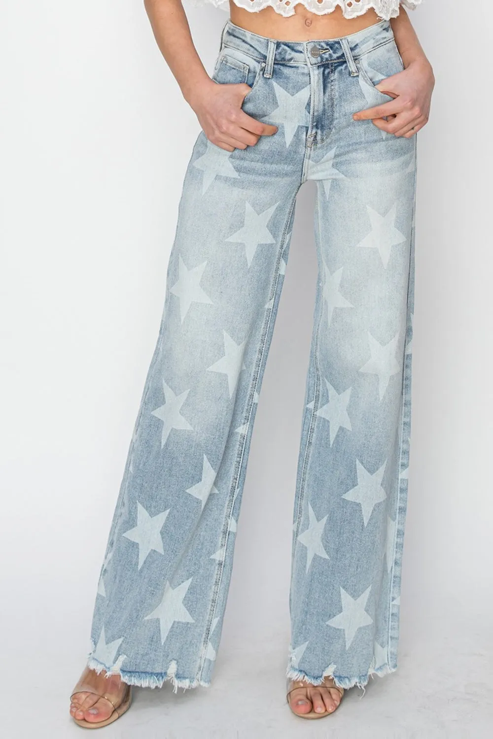 Explore More Collection - RISEN Full Size Raw Hem Star Wide Leg Jeans