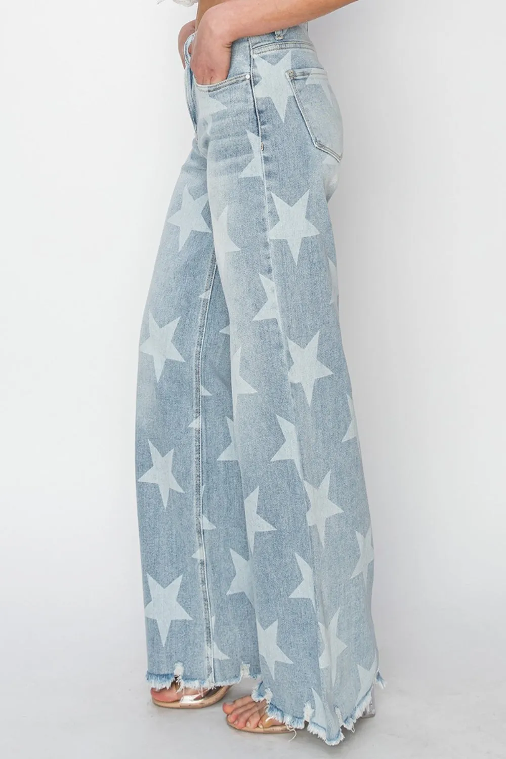 Explore More Collection - RISEN Full Size Raw Hem Star Wide Leg Jeans