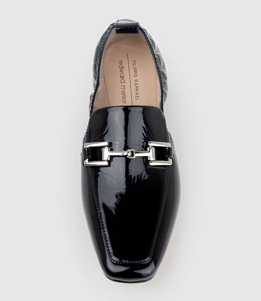 FAMINE Elastic Back Slipper with Hardware in Black Patent