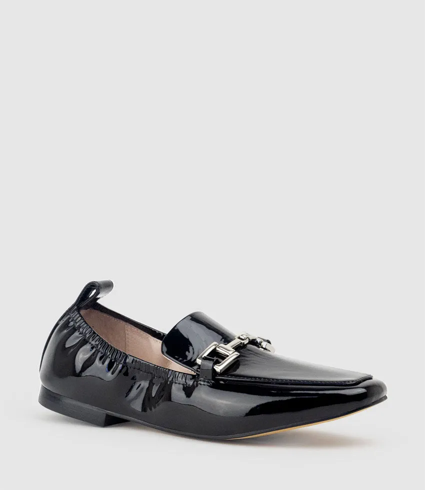 FAMINE Elastic Back Slipper with Hardware in Black Patent