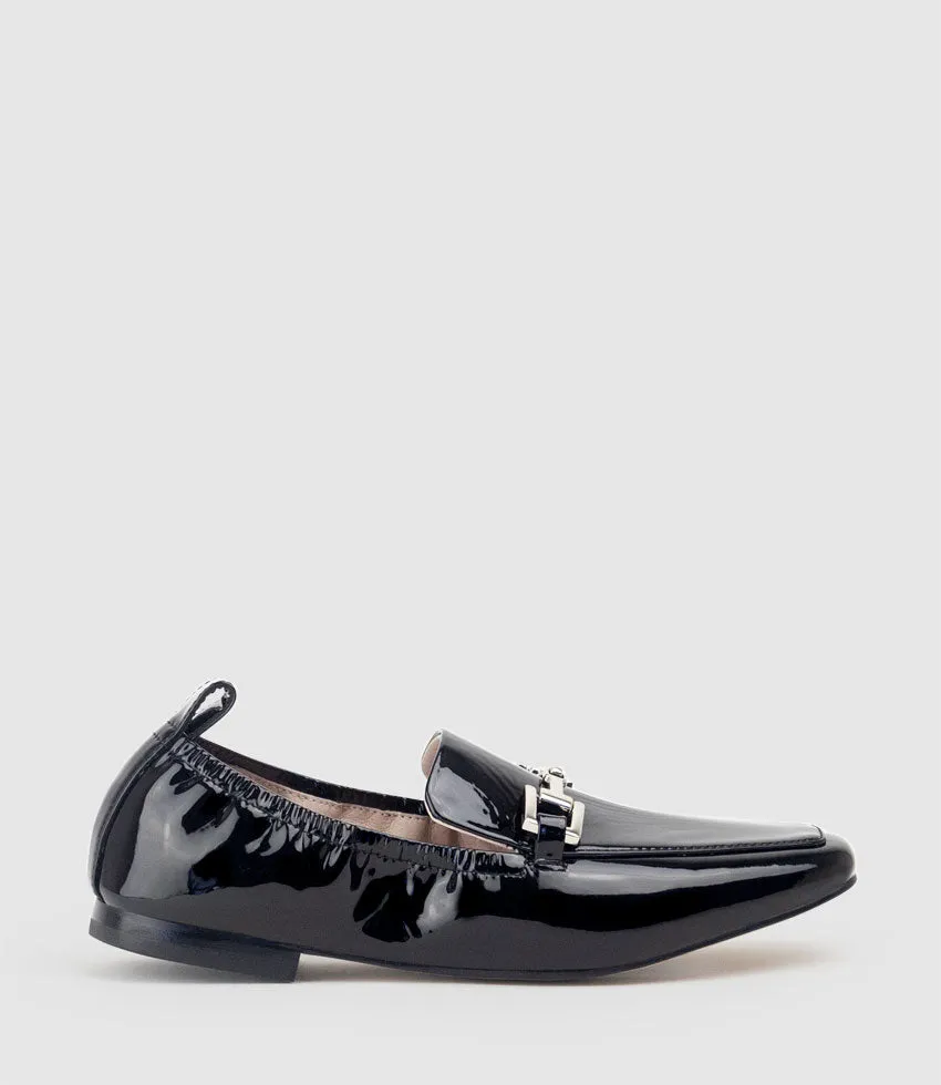 FAMINE Elastic Back Slipper with Hardware in Black Patent