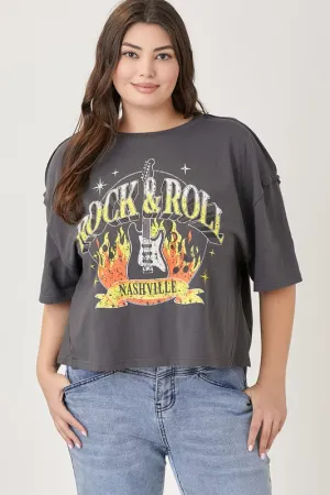 Fire "Rock & Roll" Cropped Graphic Tee - Charcoal