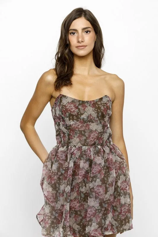 Floral Organza Strapless Mini Dress