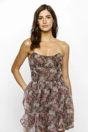 Floral Organza Strapless Mini Dress