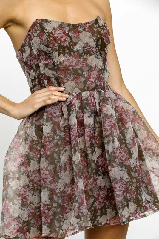 Floral Organza Strapless Mini Dress
