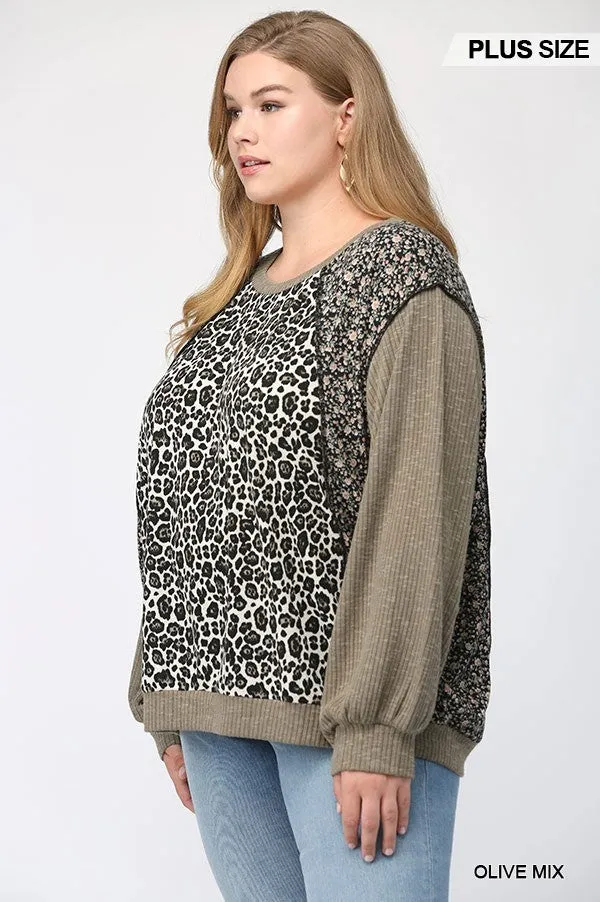 GiGiO Leopard And Ditsy Mixed Print Dolman Top In Olive Plus