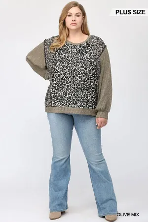 GiGiO Leopard And Ditsy Mixed Print Dolman Top In Olive Plus