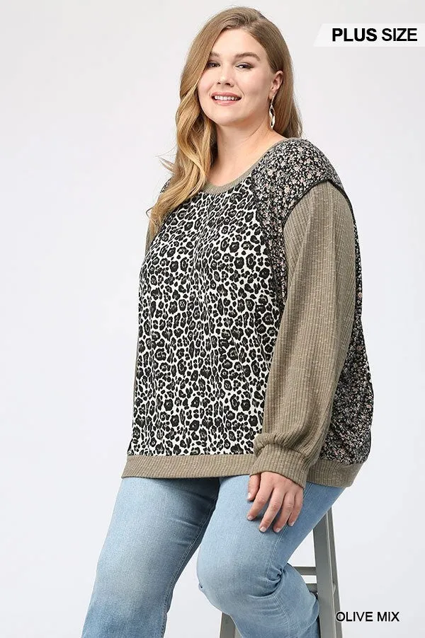 GiGiO Leopard And Ditsy Mixed Print Dolman Top In Olive Plus