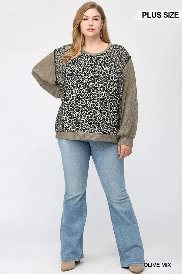 GiGiO Leopard And Ditsy Mixed Print Dolman Top In Olive Plus