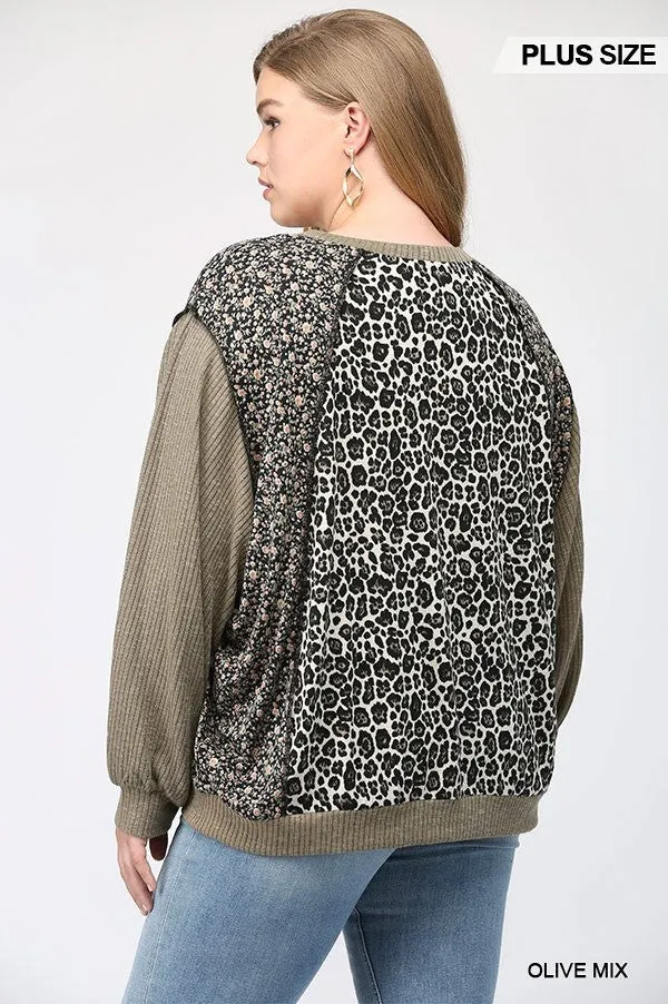 GiGiO Leopard And Ditsy Mixed Print Dolman Top In Olive Plus