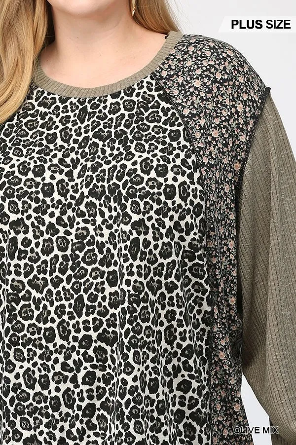 GiGiO Leopard And Ditsy Mixed Print Dolman Top In Olive Plus