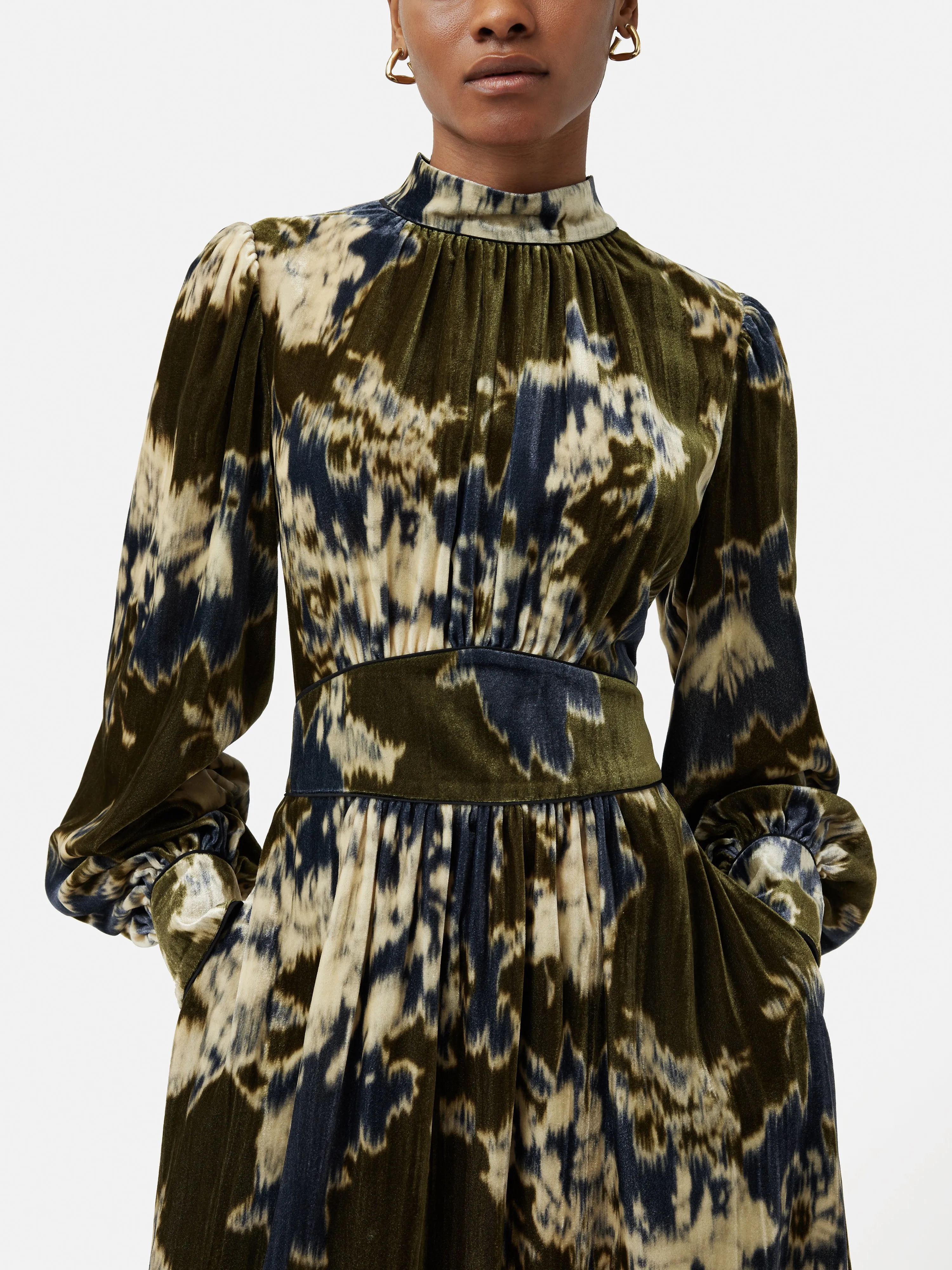Glitched Ikat Velvet Dress | Green