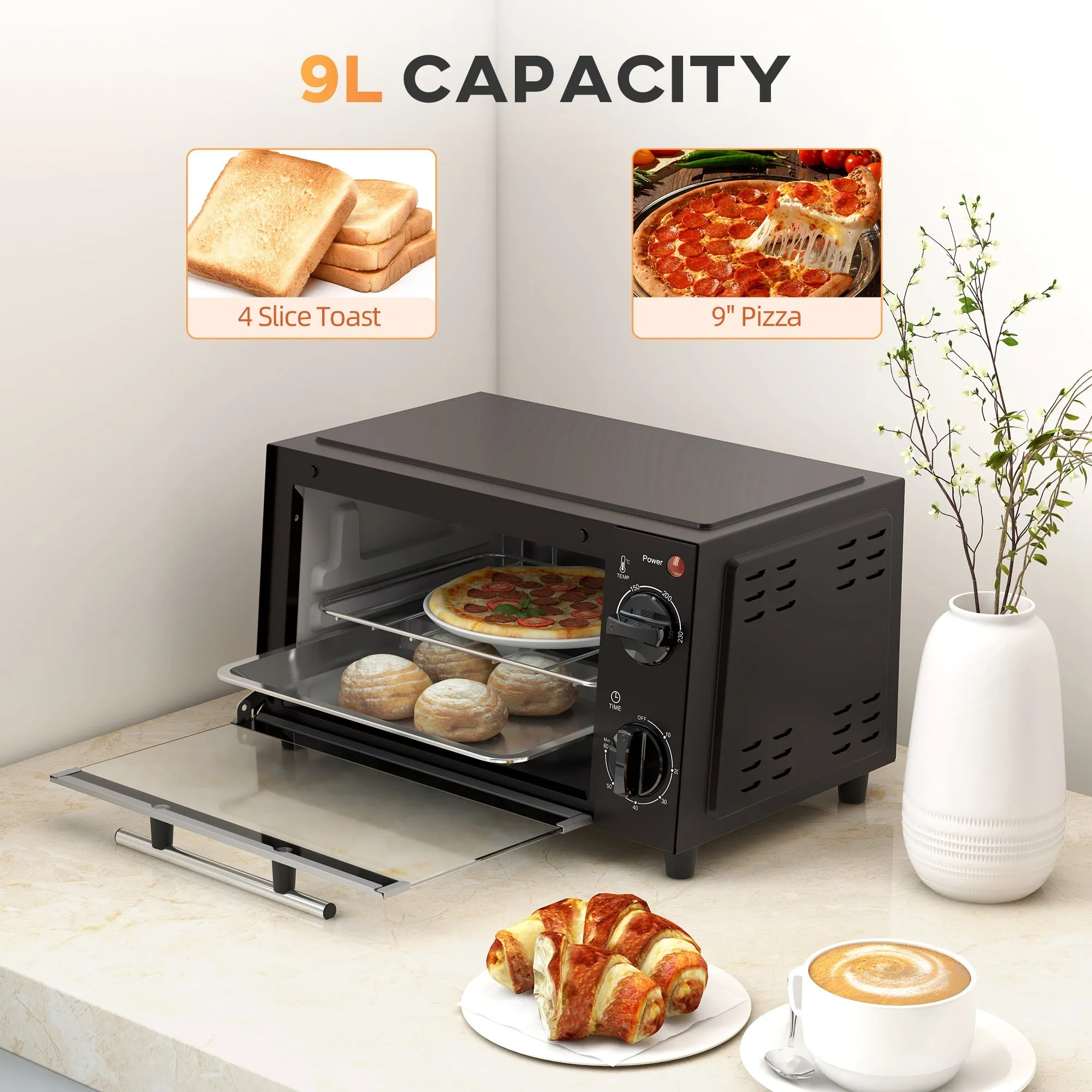 HOMCOM Mini Oven, 9L Countertop Electric Grill, Toaster Oven with Adjustable Temperature, Timer, Dishwasher Safe Baking Tray and Wire Rack, 750W, Black