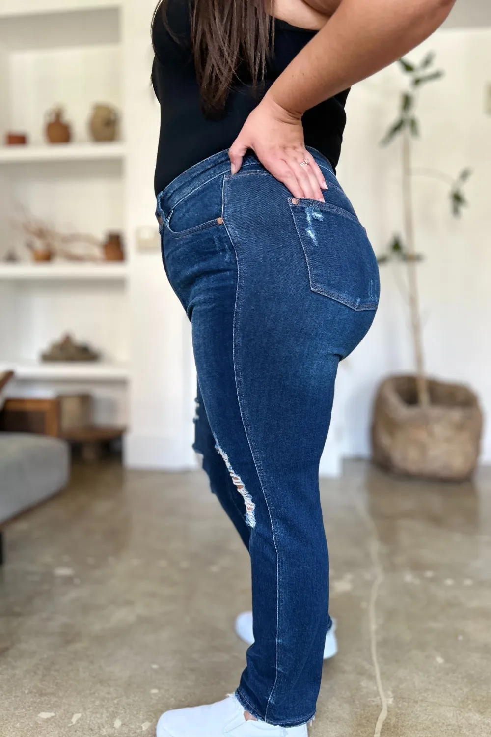 Judy Blue, High Waist destroyed denim jeans. Inseam 30"