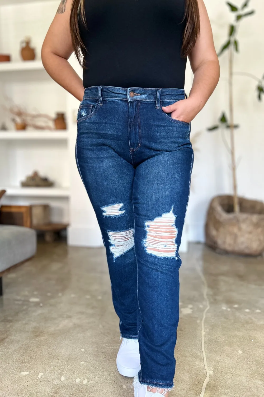 Judy Blue, High Waist destroyed denim jeans. Inseam 30"
