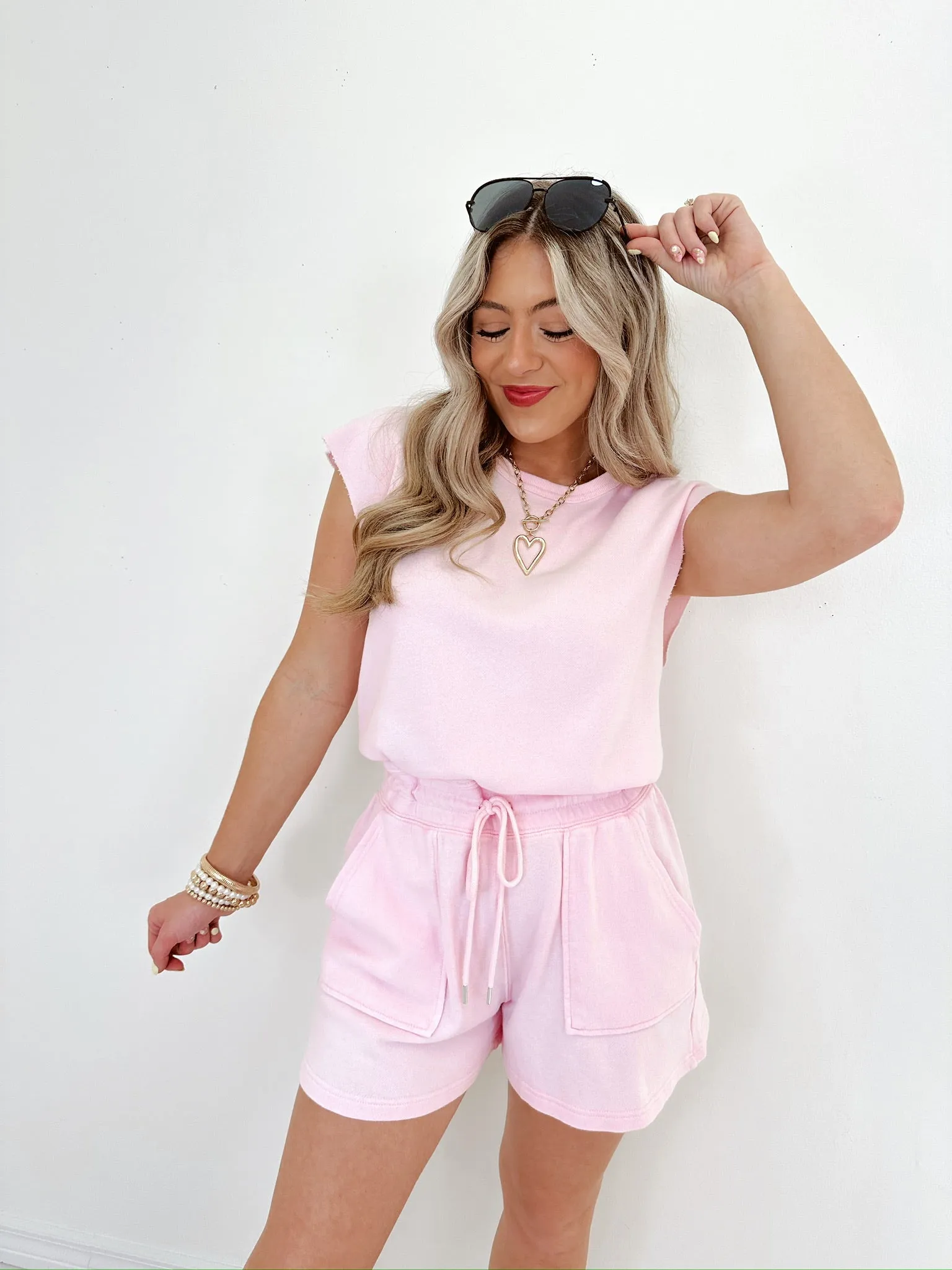 Kenna Cut-Off Sleeve Romper - Light Pink