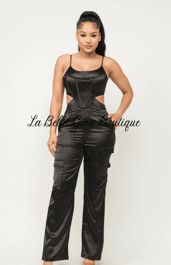 Laura Open Back Elastic Shirring Detail Jumpsuit-Black