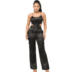 Laura Open Back Elastic Shirring Detail Jumpsuit-Black