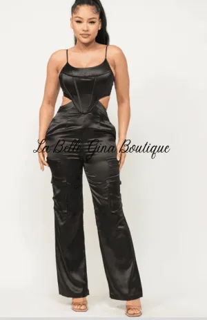 Laura Open Back Elastic Shirring Detail Jumpsuit-Black