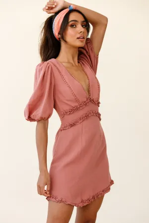 Meant To Be Puff Sleeve Frill Detail Dress Brown