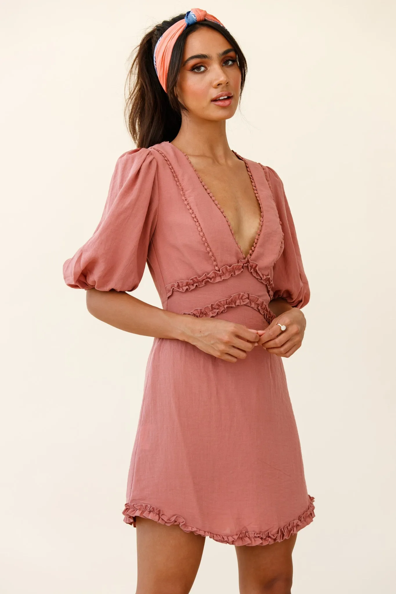 Meant To Be Puff Sleeve Frill Detail Dress Brown