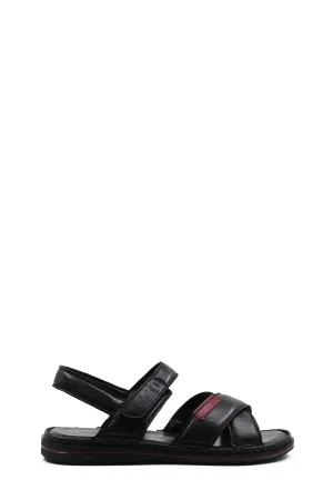 Men's Black Leather Sandals with Adjustable Straps and Contrast Detail - Wessi