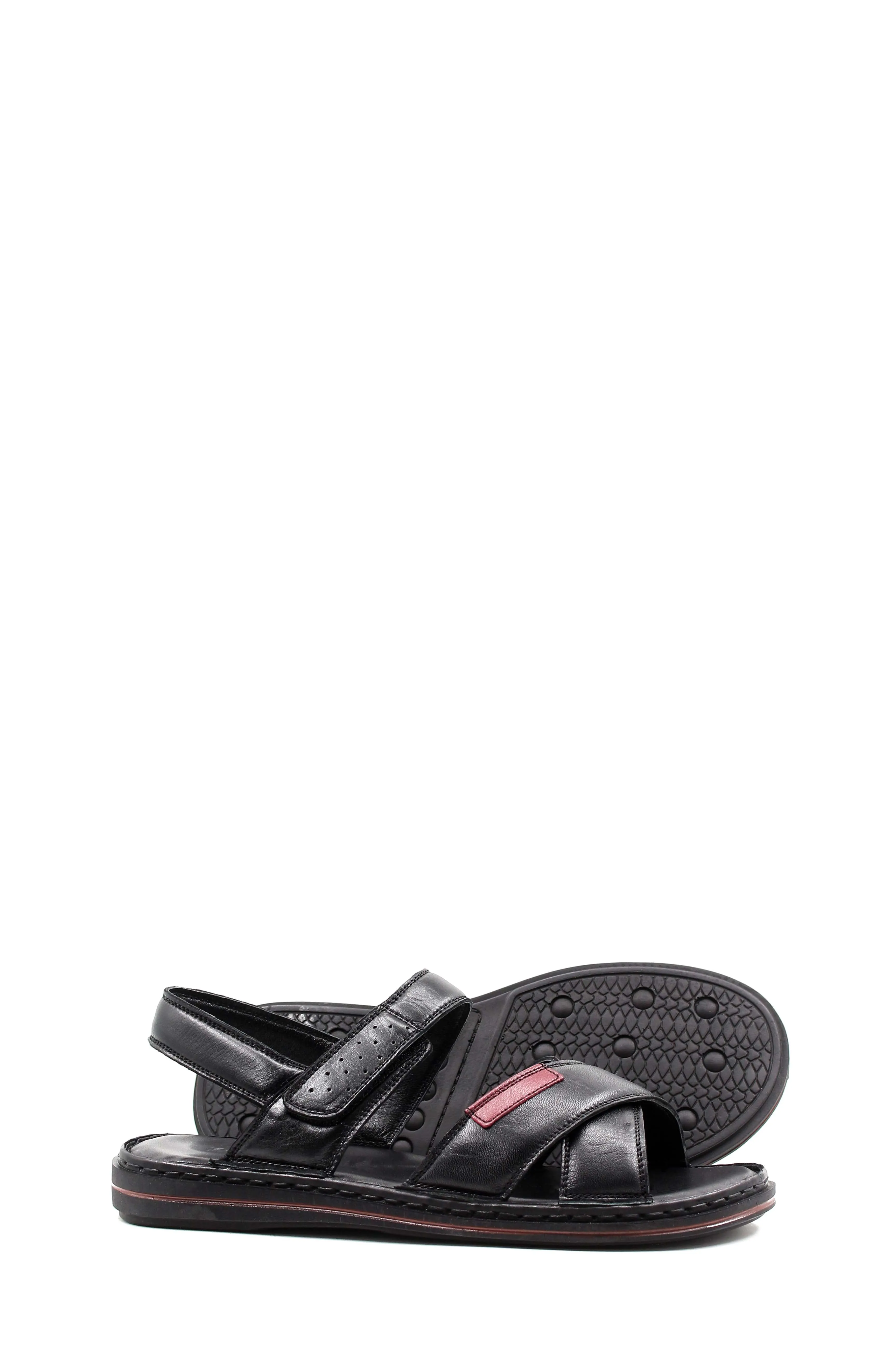 Men's Black Leather Sandals with Adjustable Straps and Contrast Detail - Wessi