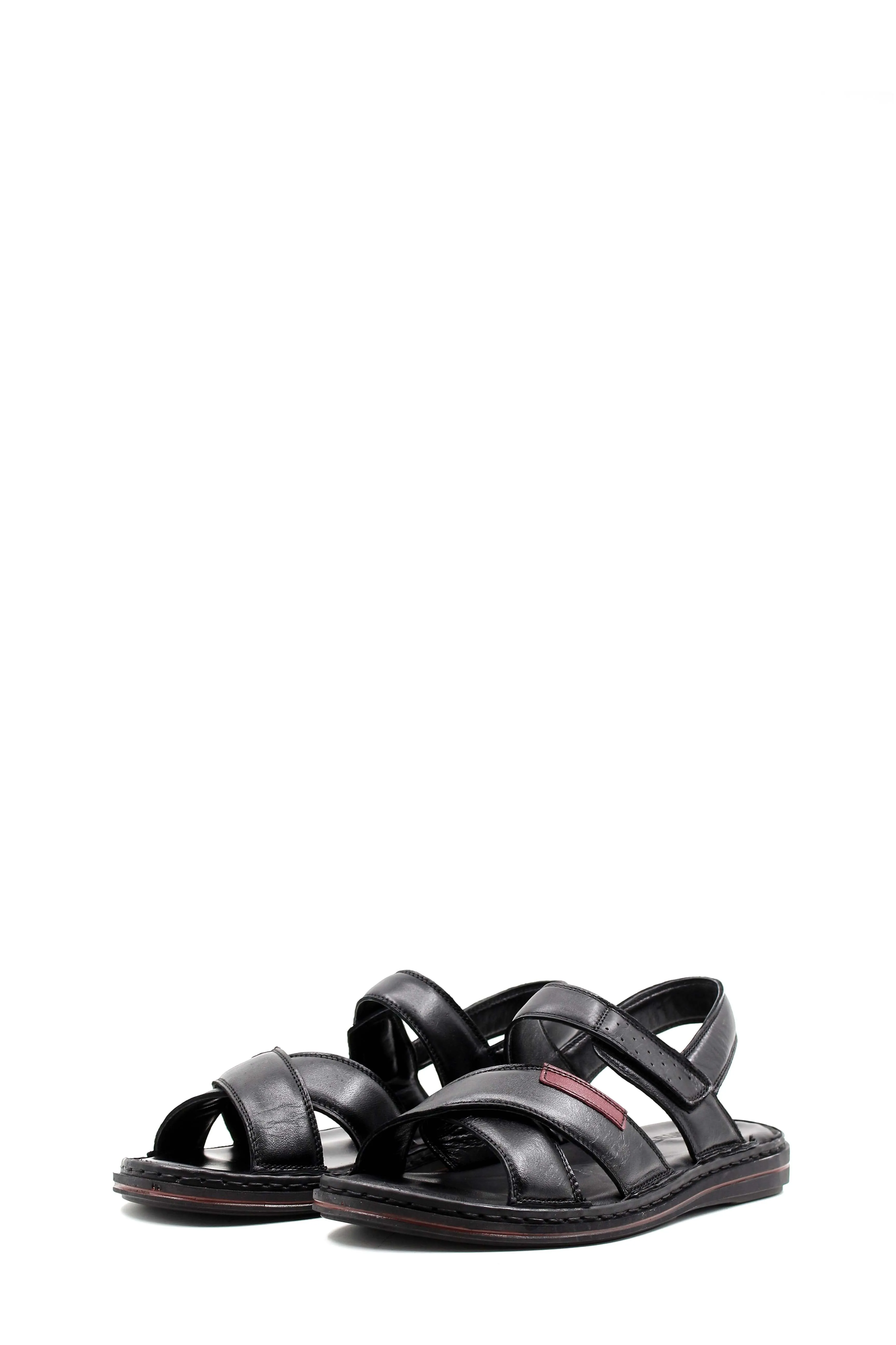 Men's Black Leather Sandals with Adjustable Straps and Contrast Detail - Wessi