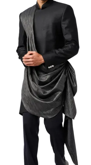 Mens Jet Black and Charcoal Draped Sherwani