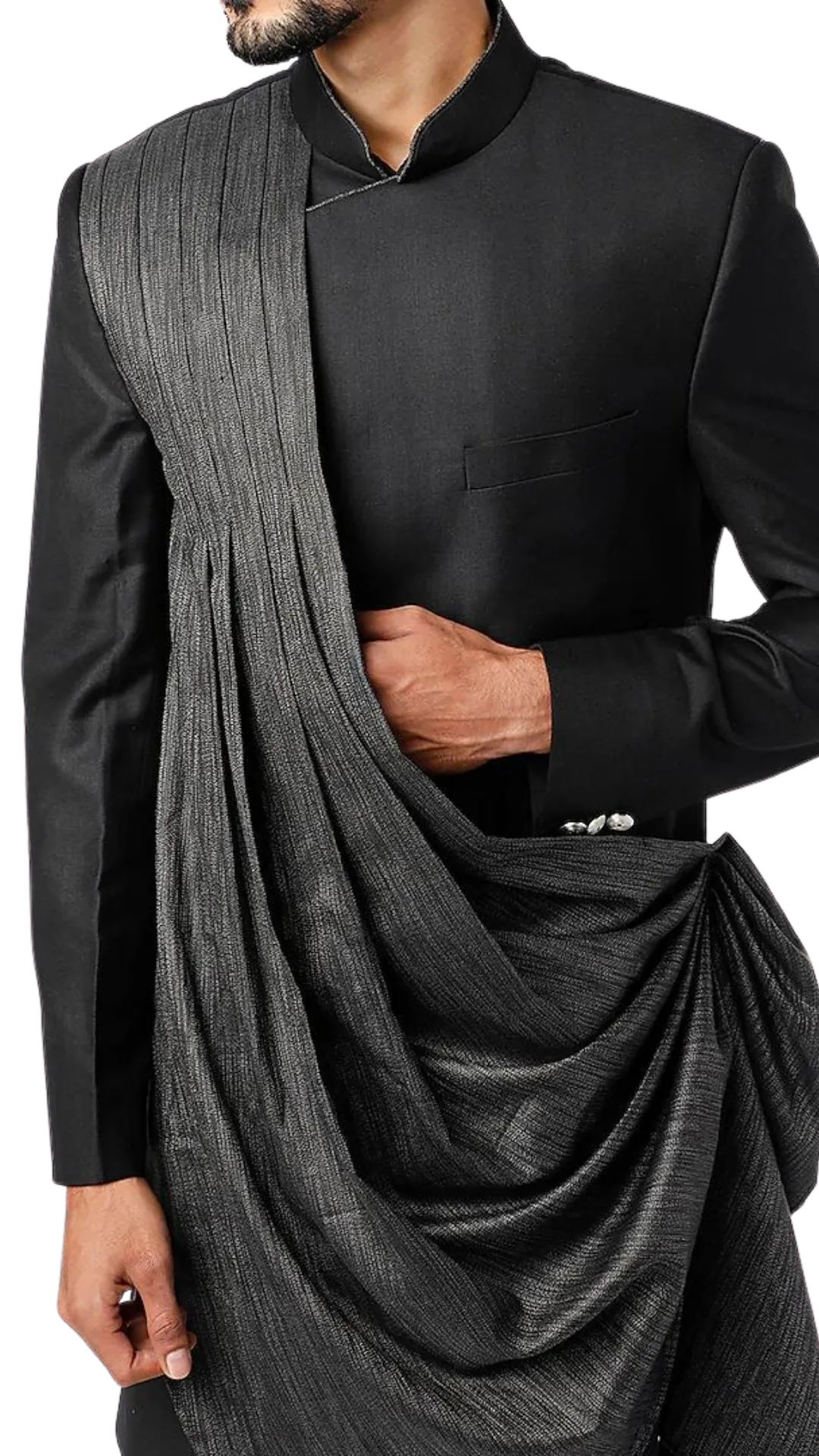 Mens Jet Black and Charcoal Draped Sherwani