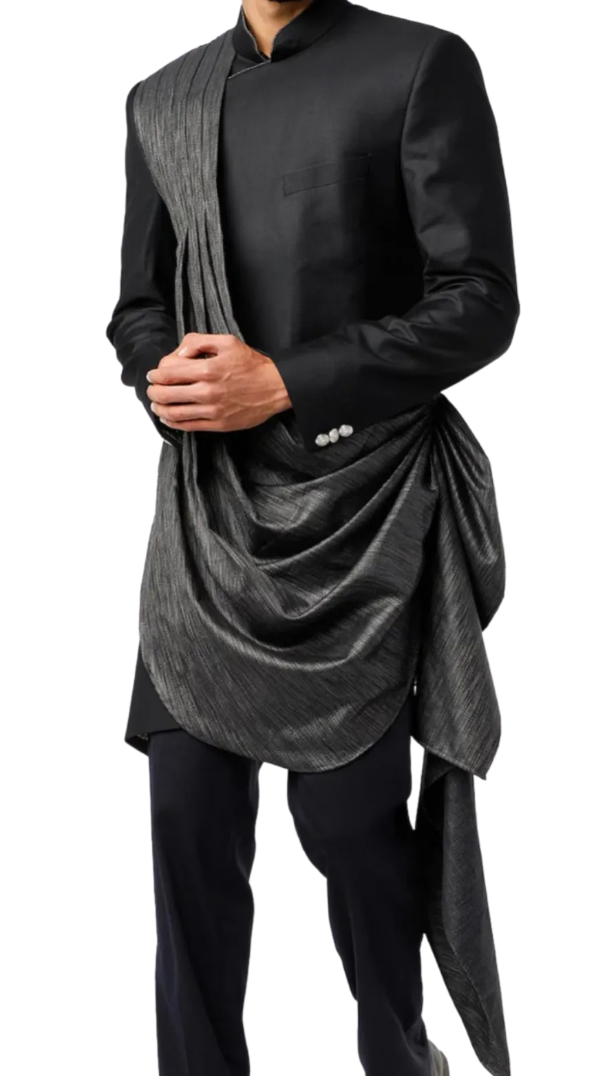 Mens Jet Black and Charcoal Draped Sherwani
