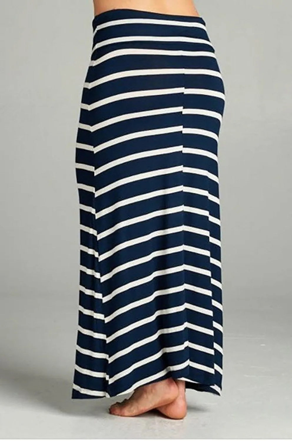 Navy Striped Fashion Knit Fold Over Plus Size Maxi Skirt
