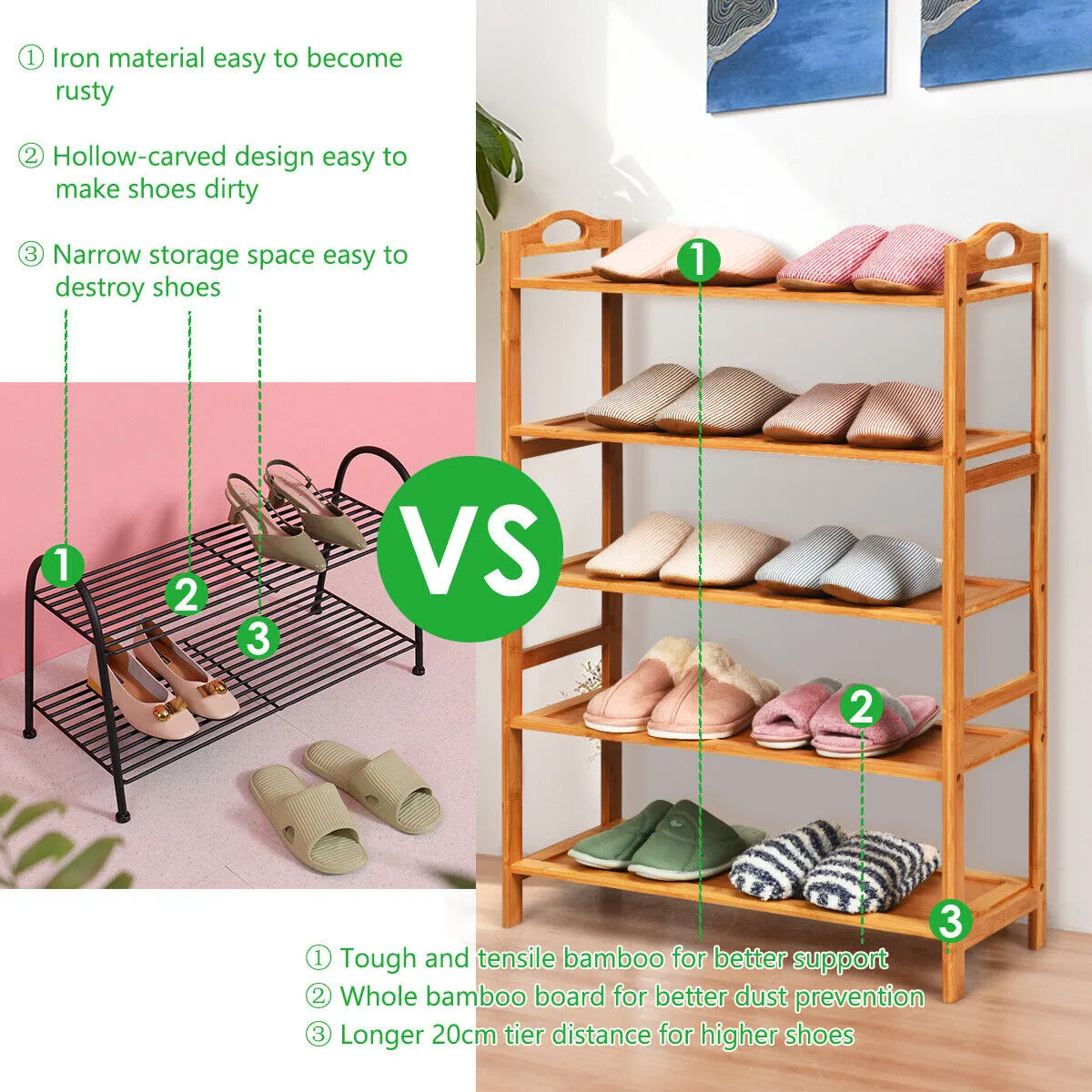 NNECW 5-Tier Bamboo Shoe Rack with Two Rounded Handles for Entryway