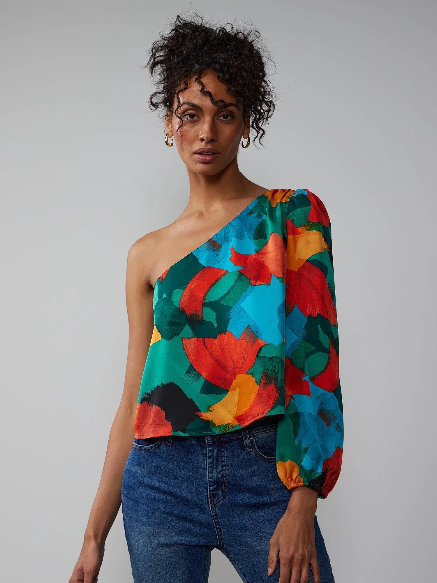 One-Shoulder Abstract Print Blouse