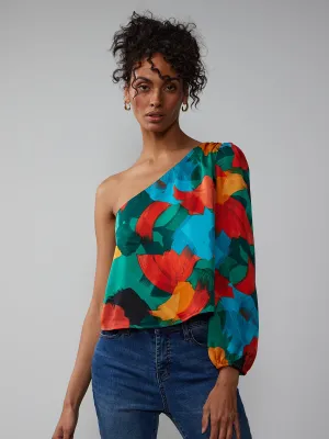 One-Shoulder Abstract Print Blouse
